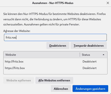 HTTPS-only mode für einige Seiten deaktivieren