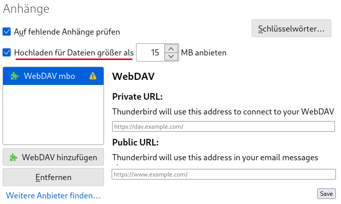 Filelink WebDAV Add-on knfigurieren